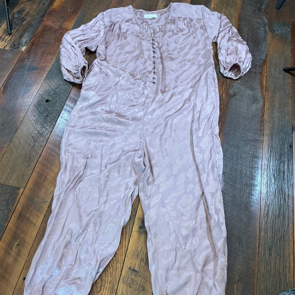 Anthropologie Blush Pink Satin Laurentia Jacquard Button Front Jumpsuit  Small - Picture 6 of 12